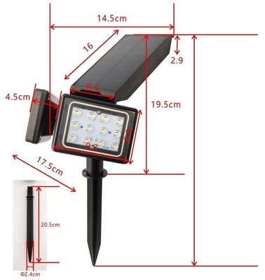 24.5x15x14cm solar powered garden lED lights Double Heads 24LED ABS 2000mah 18650 Lithium Battery