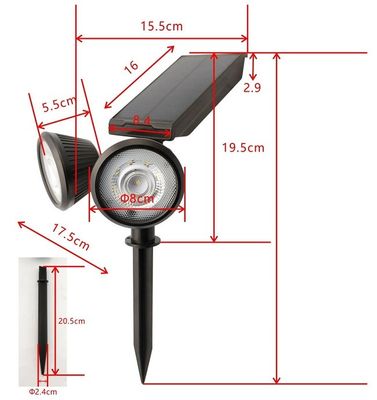 16LED ABS Solar Powered Garden LED Lights Double Heads 2000mah 18650 Lithium Battery 25x14x16.5cm